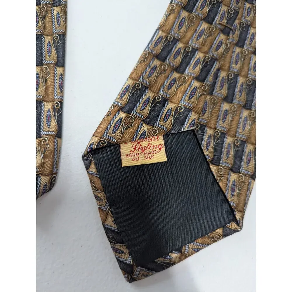 Vintage Park Avenue by Mayers Silk Necktie Brown Gold Geometric Pattern